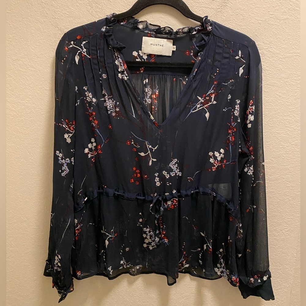 Munthe Navy Blue Floral Print Sheer V-Neck Blouse Size 36 (US 6)